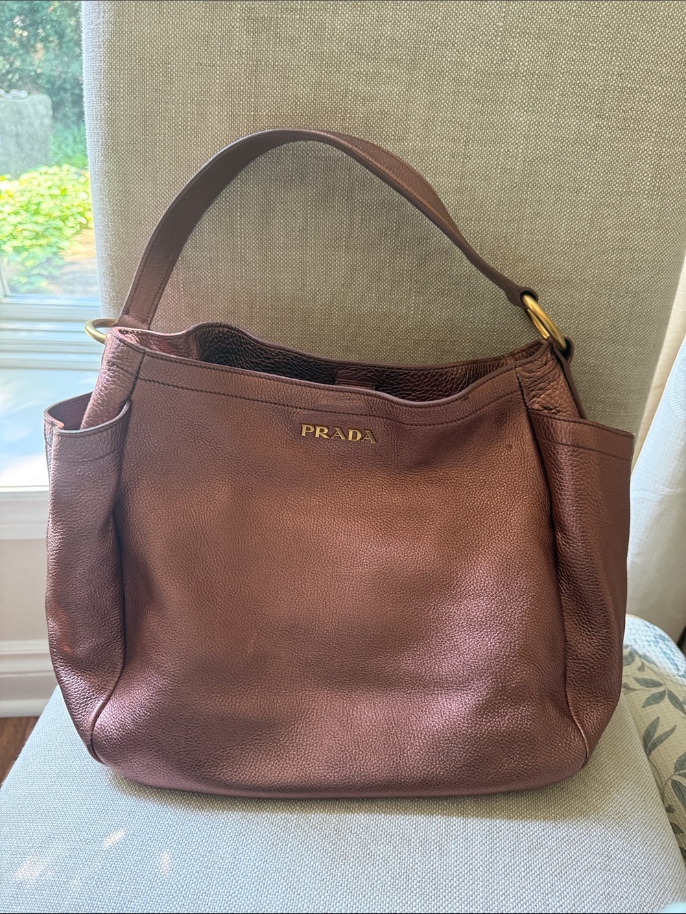 Prada Burgundy Pebbled Leather Shoulder Bag with Gold Hardware